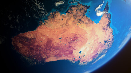 Wall Mural - cinematic space view of red australia, realistic planet earth rotation in cosmos