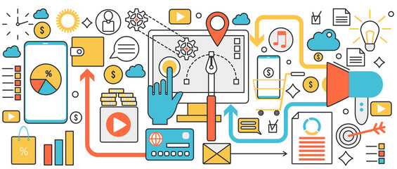 Poster - Digital marketing, seo technology. Network development and data analysis, web commerce and market research, social promotion, advertising innovation in infographic concept banner, thin line art design