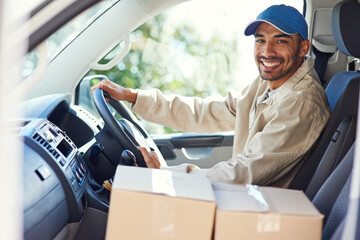 Sticker - Doing my rounds. Cropped portrait of a handsome young man making deliveries in his van.