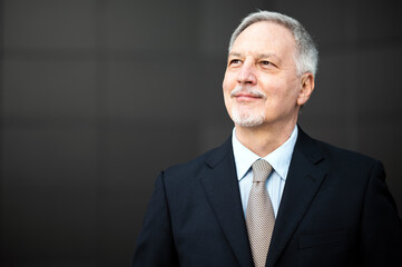 Wall Mural - Mature business man portrait outdoor in a happy pensive expression