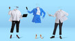Three stylish invisible persons wearing modern business style outfits and eyeglasses standing against blue background. Concept of fashion, style