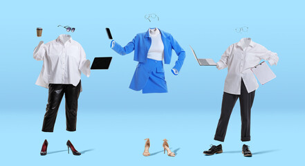 three stylish invisible persons wearing modern business style outfits and eyeglasses standing agains