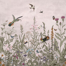 Vintage Jungle Style Wallpaper With Birds Plants And Flowers And Pink Background