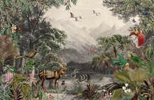 Forest Drawing Wallpaper Of A Landscape Of Trees With Flamingo Birds, Parrot, Sparrows, Deer, Anteaters, Monkeys, Reptiles And Insects In Vintage Style