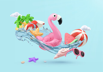 Summer vacation. 3d render vector realistic elements