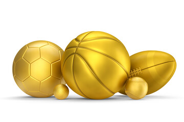 Wall Mural - Set of gold ball like basketball, american football and golf isolated on white