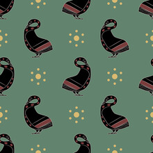 Seamless Ethnic Pattern With Stylized Swan Birds. Ancient Greek Animal Design. Vase Painting Style. On Green Background.