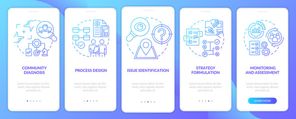 Social planning stages blue gradient onboarding mobile app screen. Walkthrough 5 steps graphic instructions pages with linear concepts. UI, UX, GUI template. Myriad Pro-Bold, Regular fonts used