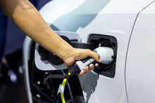 Hand Holding Electric Car Charger. Electric Vehicle EV Charging Station And Charger. Human Hand Is Holding Electric Car Charging Connect To Electric Car.