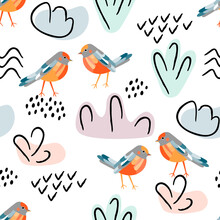 Seamless Pattern With Cute Birds And Abstract Shapes.Trendy Background And Texture For Printing On Fabrics And Paper.Hand Drawn Vector Isolated Illustration In Cartoon For Design Card,poster,cover.
