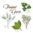 Bouquet Garni, classic French herb blend for cooking: Bay Leaves, English Thyme, Garden Sage, Italian Flat Leaf Parsley isolated on white. 