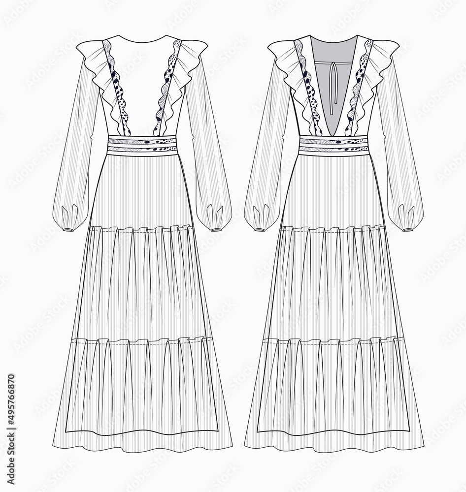 Woman sheer mesh dress fashion flat technical drawing template. Vintage dress  fashion design front and back. Stock Vector | Adobe Stock