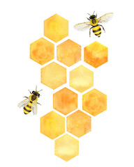 honey bees and golden honeycombs watercolor illustration for decor logo branding