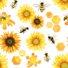 Seamless Pattern With Honey Bees, Honeycombs, Sunflowers And Honey Spots