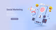 © SergeyBitos - Promotion in social networks, development of a brand, page, website or store. 3D smartphone with elements of social networks and SMM tools to achieve goals. Web promotion online. Vector 3D banner
