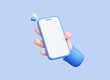 © accogliente - 3D Hand holding mobile phone with empty screen. Cartoon smartphone isolated on blue background. Phone device Mockup. Marketing time banner template. 3D Rendering