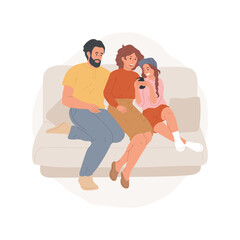 Wall Mural - Family leisure time isolated cartoon vector illustration. Happy family sitting on a sofa, teen showing smartphone screen, parents laughing, spending leisure time together vector cartoon.