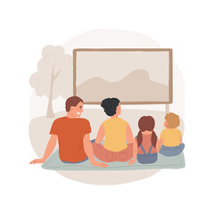 Wall Mural - Open-air movie isolated cartoon vector illustration. Family going out, meeting friends, two families sitting on the ground in the park, open air cinema theater, adults and kids vector cartoon.