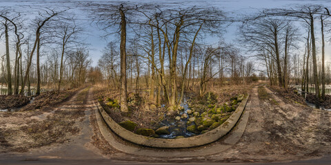 Wall Mural - full seamless spherical hdri 360 panorama view on concrete bridge with stones covered with green moss and forest near swamp in equirectangular projection, ready VR AR virtual reality content