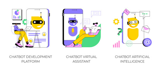 Chatbot programming abstract concept vector illustration set. Chatbot development platform, virtual assistant and Artificial Intelligence, wireframe, machine learning service abstract metaphor.