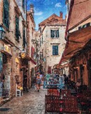 Fototapeta Uliczki - Colorful painting modern artistic artwork, real brush strokes, drawing in oil European famous old street view, beautiful old vintage houses, design print for canvas or paper poster, touristic product
