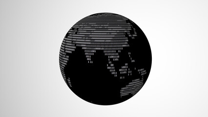 Black globe with binary code map rotating on a white background