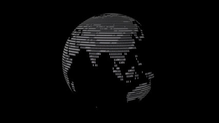 Globe with binary code map rotating on a black background