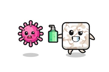 Sticker - illustration of ceramic tile character chasing evil virus with hand sanitizer