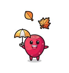 Wall Mural - cartoon of the cute prickly pear holding an umbrella in autumn