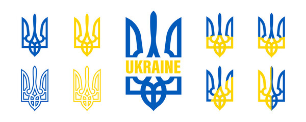 Set of Ukrainian trident. National Coat of Arms of Ukraine. Collection of colorful ukrainian Tridents. Vector icon . 10 eps