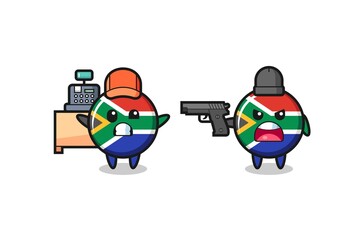 Poster - illustration of the cute south africa flag as a cashier is pointed a gun by a robber