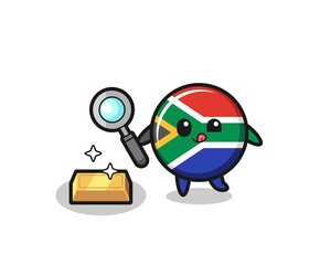 Wall Mural - south africa flag character is checking the authenticity of the gold bullion