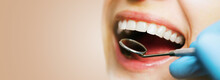 Perfect Smile. Dentist Examine Womans Teeth. Mouth Checkup Oral Hygiene. Banner Copy Space