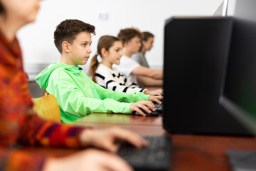 Wall Mural - Portrait of interested preteen schoolboy during lesson in computer class ..