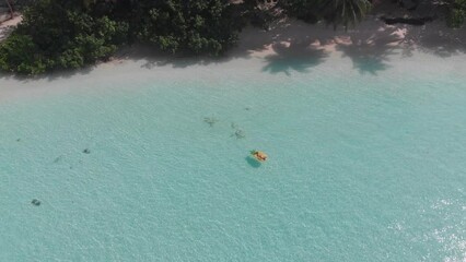 Wall Mural - Aerial drone quad copter footage of nice woman girl floating on a lilo inflatable with in tropical waters in maldives of crystal clear waters of an ocean coral reef with palms