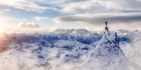 Wall Mural - Adventurous Woman Hiker standing on top of icy peak with rocky mountains in background. Adventure Composite. 3d Rendering rocks. Aerial Image of landscape from British Columbia, Canada. Cloudy Sky