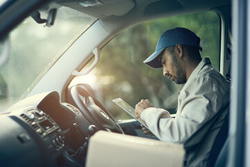 Aufkleber - Scheduling his deliveries for the day. Cropped shot of a delivery man using a digital tablet while sitting in his van.