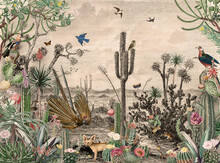 Desert Landscape Drawing Background Wallpaper Of Cactus With Birds, Reptiles And Insects In Vintage Style