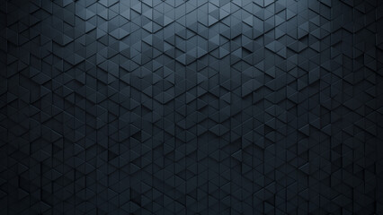 Polished, 3D Mosaic Tiles arranged in the shape of a wall. Triangular, Semigloss, Bricks stacked to create a Black block background. 3D Render