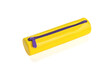 Yellow pencil case with purple lock isolated on a white background. Flat lay.