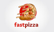 Fast Pizza Vector Logo Cartoon. This logo is highly suitable for any pizza related restaurant, fast food, delivery, trattoria, bistro, catering and Italian food related businesses. 