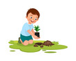 cute little boy planting young tree seedlings in the garden 