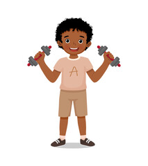 Sticker - cute little African boy doing sport training exercise with dumbbells