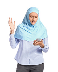 Wall Mural - Angry Muslim secretary with phone on white background