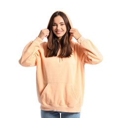 Wall Mural - Beautiful young woman in stylish hoodie on white background