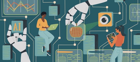 women in ai concept vector illustration. woman controls robotic arm with digital tablet. diversity a