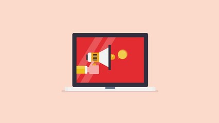Canvas Print - hand with megaphone on a laptop screen, web promotion, internet marketing, social media, advertising