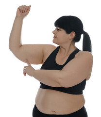 Sticker - Obese woman with flabby arm on white background. Weight loss surgery