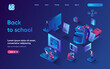 © alexdndz - Back to school concept 3d isometric web landing page. People study online and going at lessons in classroom at college, reading books and get education. Vector illustration for web template design