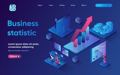 Fototapete - Business statistic control concept 3d isometric web landing page. People analyze company financial data, create strategy to develop and increase profits. Vector illustration for web template design